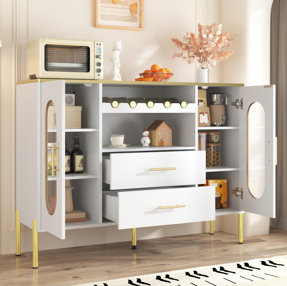 SIDEBOARD 120/38/90 cm Weiß aus MDF mit Glasfronten und Weinregal - Weiß, Holzwerkstoff (120/90/38cm) - OKWISH