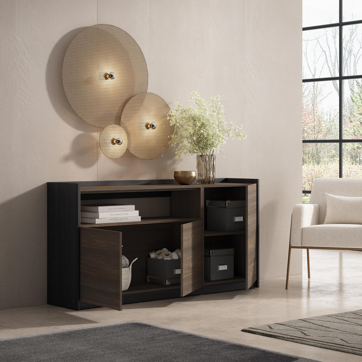 SIDEBOARD, Highboard, Dunkler Eiche und Schwarz, 156/37/80cm - Dunkelbraun, Holzwerkstoff (156/80/37cm) - Skraut Home
