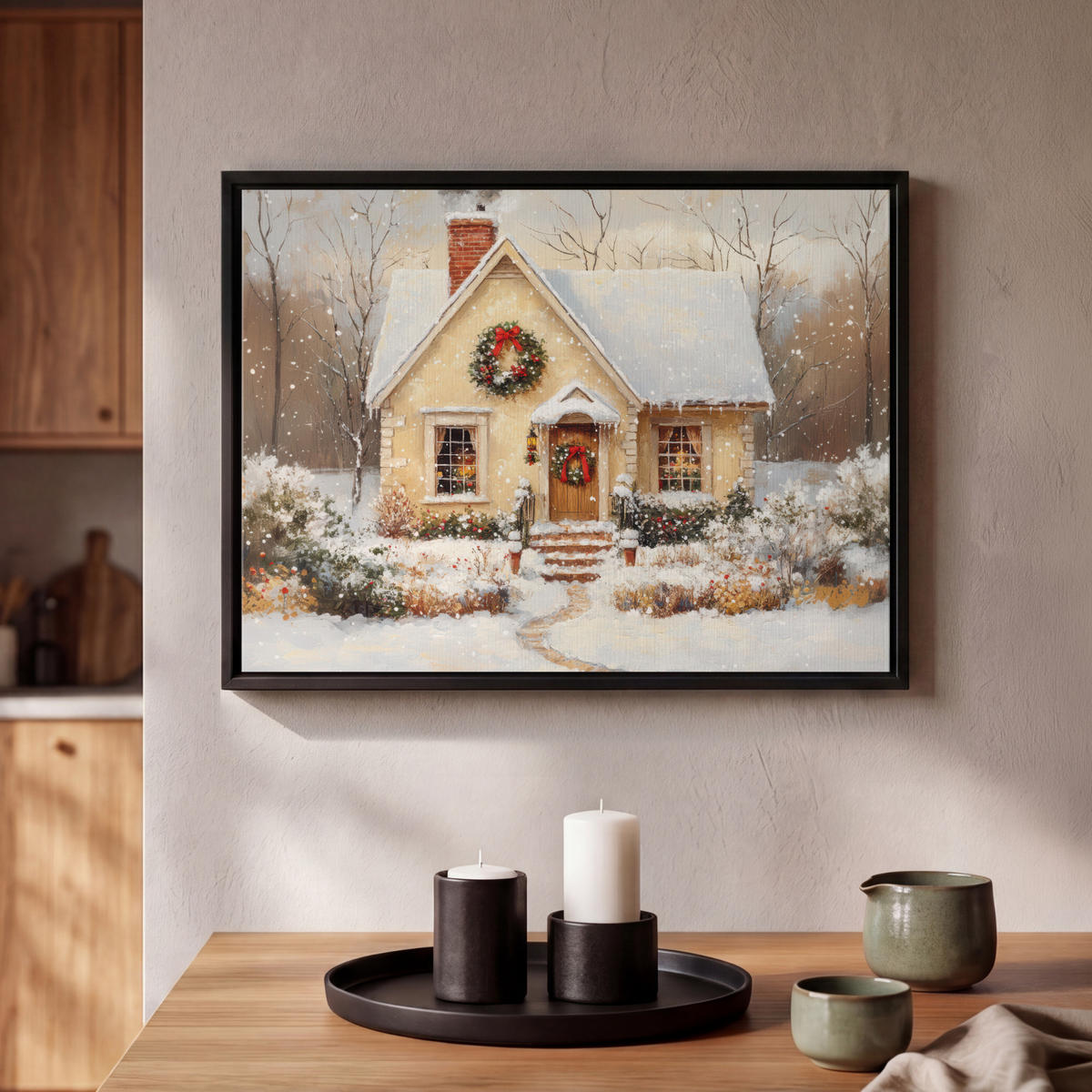 LEINWAND Bilder mit Rahmen - Weihnachten - Zuhause - Winter - Schnee - 40x30 - Creme, Textil (40/30cm) - MuchoWow