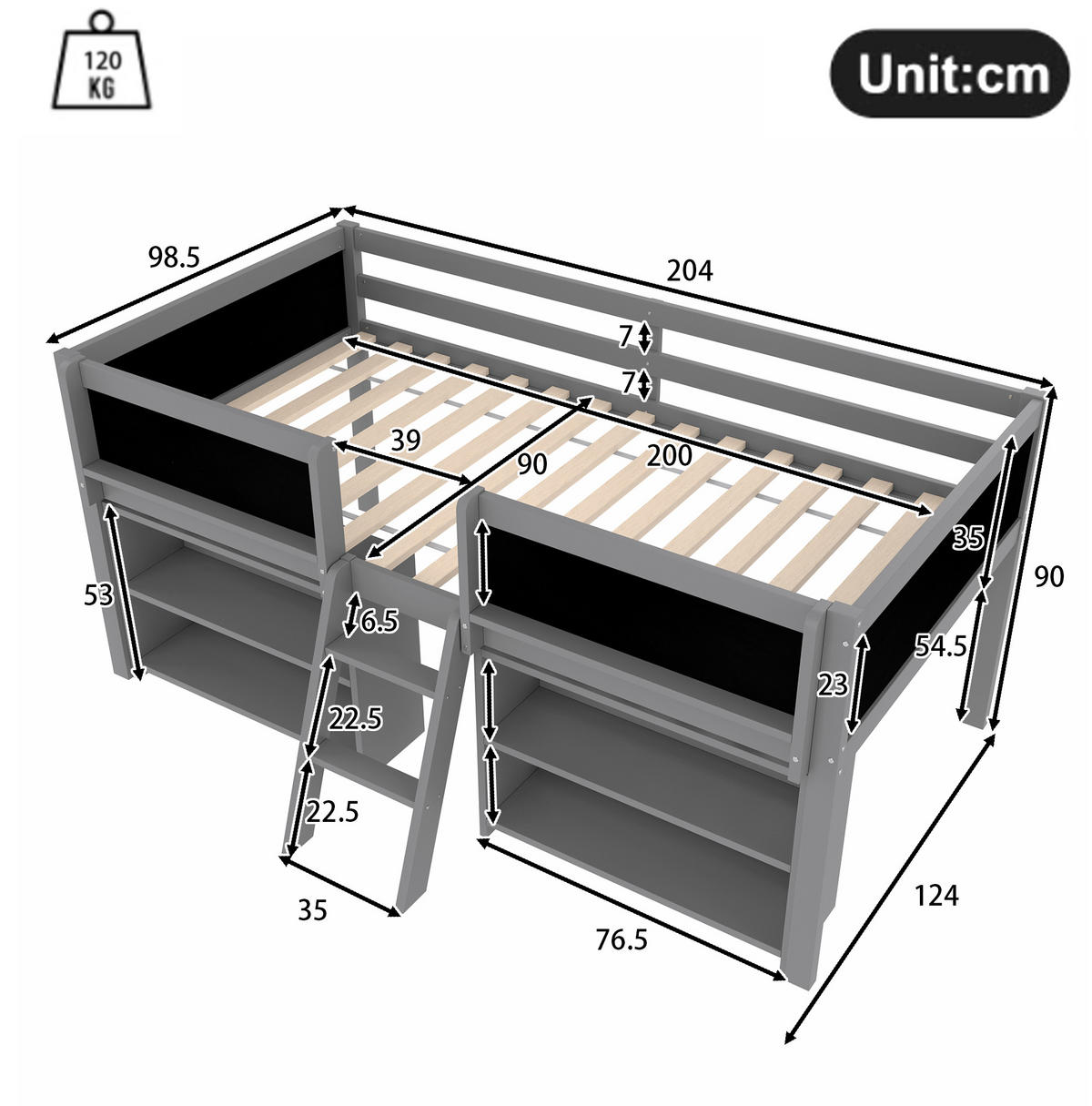 HALBHOHES BETT 90/200 cm, Grau mit Stauraum und Zeichentafel - Grau, Holz (90/200cm) - MIVRAY