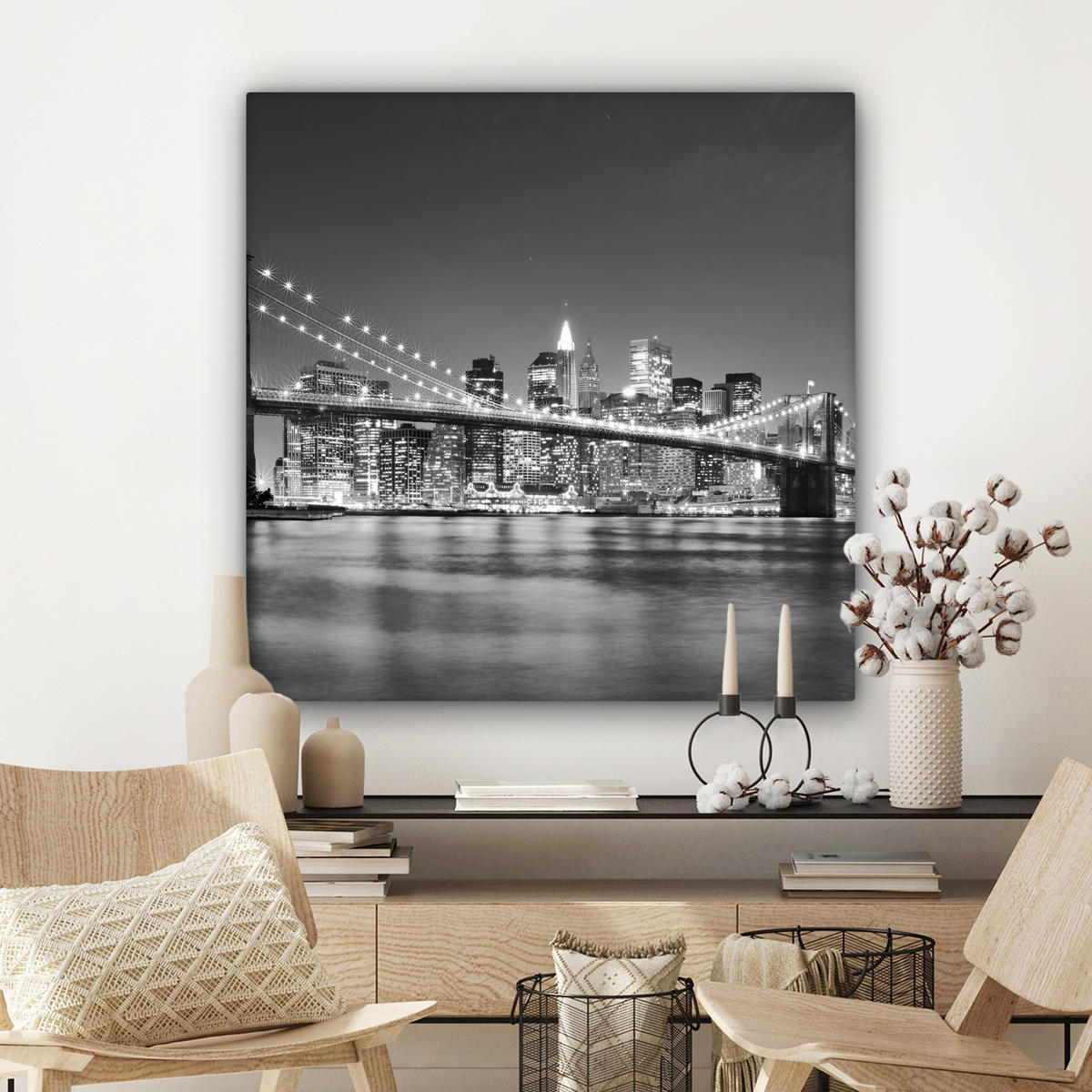 LEINWANDBILD - New York - Brücke - Brooklyn - Schwarz und weiß - Architektur - 90x90 - Gemälde - Schwarz, Textil (90/90cm) - MuchoWow