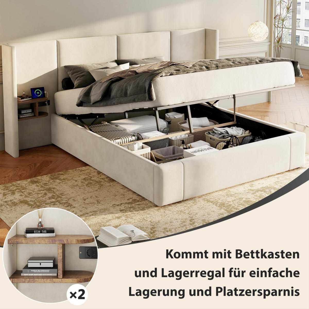 POLSTERBETT 160/200 cm mit USB-A, USB-C, Steckdosen, hydraulischem Stauraum und 2 Nachttischen aus Samt, Beige - Beige, Textil (160/200cm) - Redom