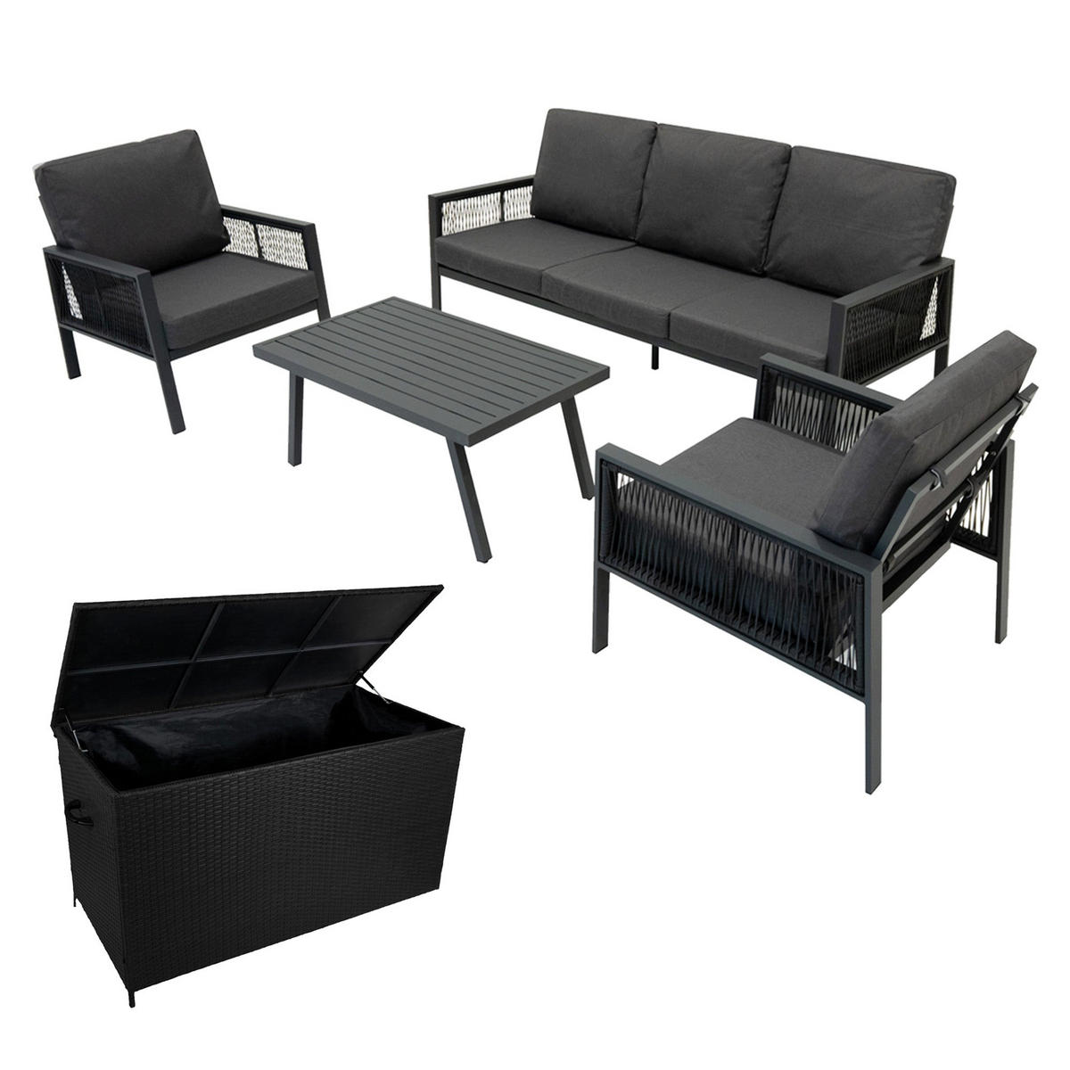 SOFAGARNITUR 4-teilige Aluminiummit schwarzer Rattan-Aufbewahrungsbox Anthrazitgrau - Anthrazit, Metall