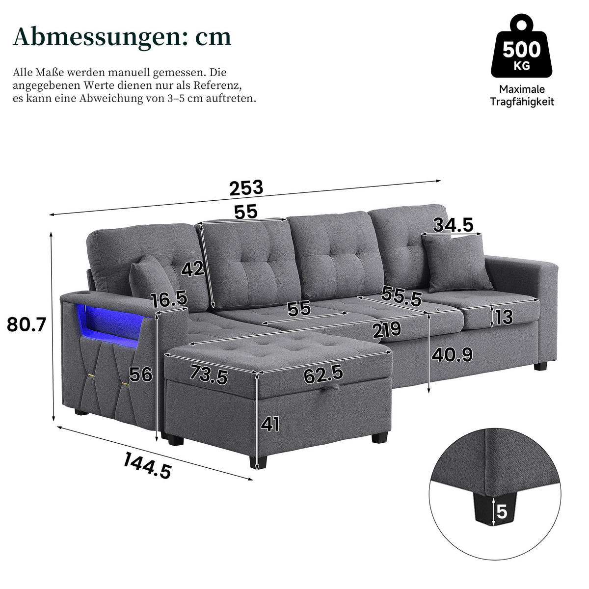 ECKSOFA 253/144.5/80.7 cm Antikgrau mit Aufbewahrungshocker, LED Stimmungslicht und Stauraum - Grau, Kunststoff/Textil (253/144.5cm) - Oxeza