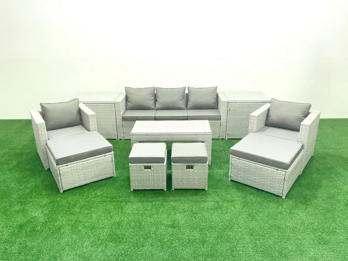 BALKONMÖBEL-SET Polyrattan Hellgrau-Mix 9-teilig - Hellgrau/Grau, Glas/Kunststoff - Fimous