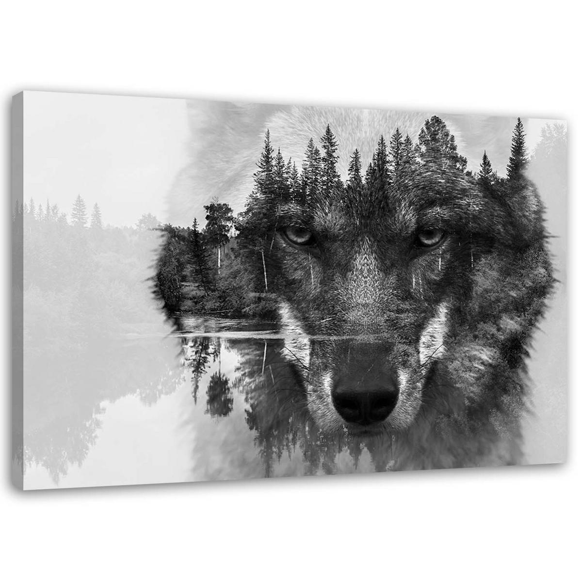 LEINWANDBILD Schwarzer Wolf auf Wald und See Hintergrund abstrakt 120x80cm - Grau, Textil (120/80cm) - Feeby