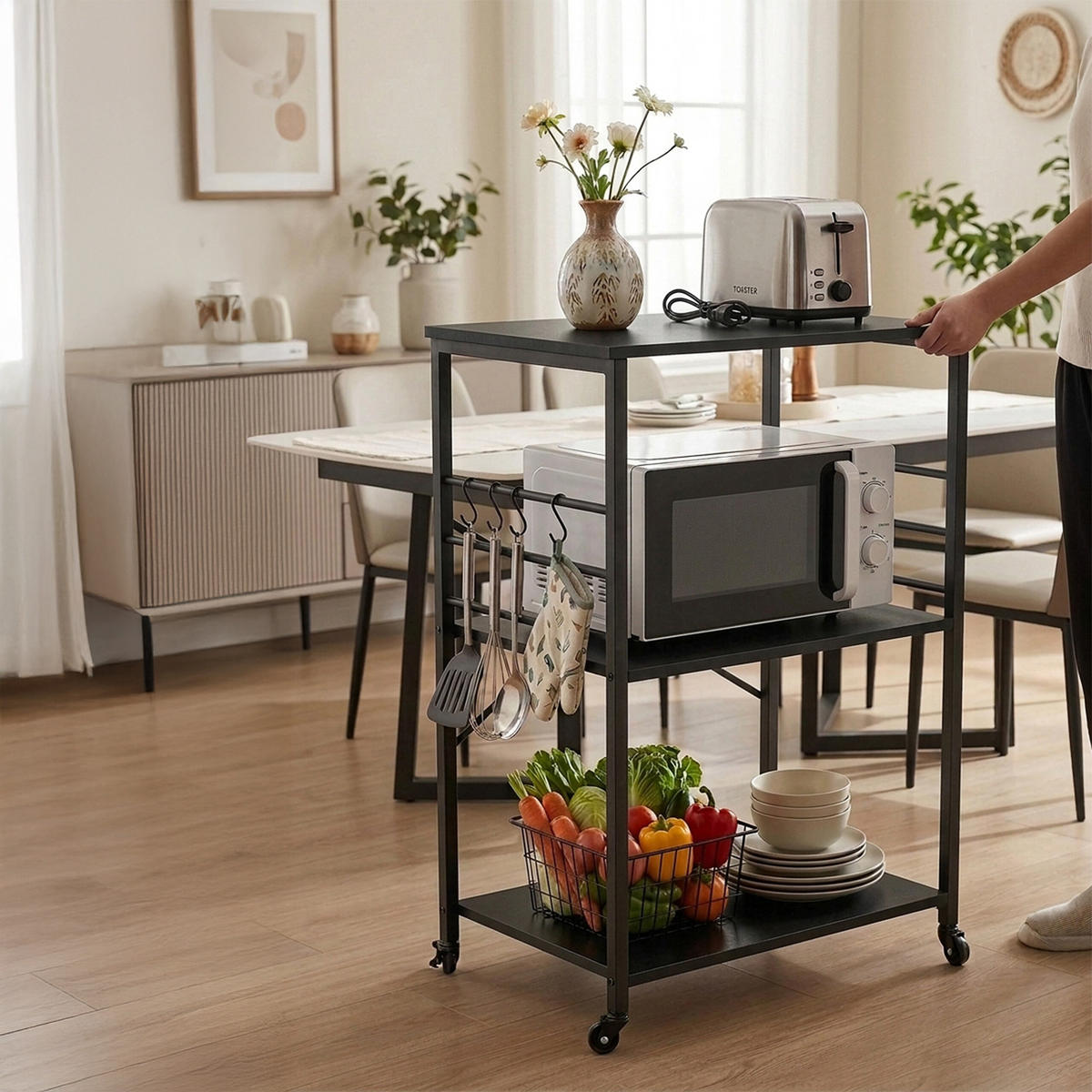 VOZIČEK za postrežbo - črna, kovina/leseni material (60/89/40cm) - Relaxdays