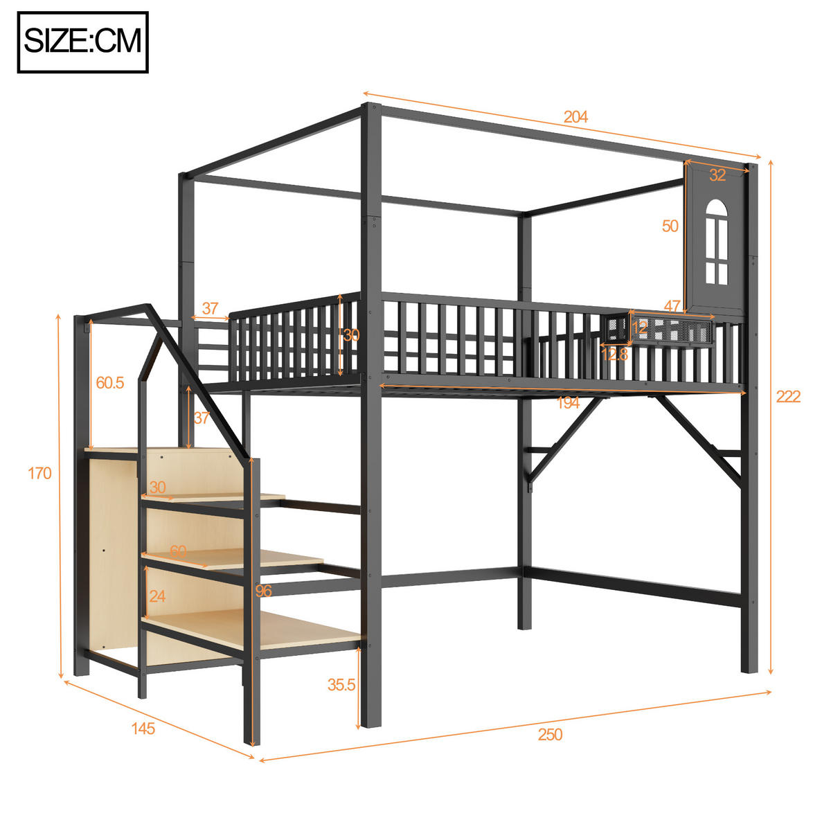 HOCHBETT 140/200 cm Metall mit Dachdesign, DE-41586, in Schwarz - Schwarz, Metall (140/200cm) - ComfortXL