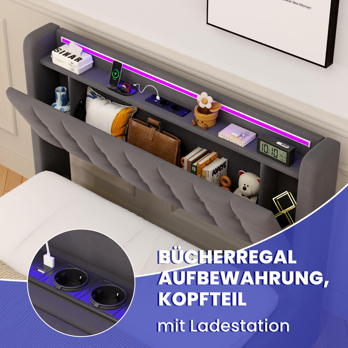 POLSTERBETT 140x200 cm in Dunkelgrau Samt mit Bettkasten, Schubladen und USB/LED-Beleuchtung - Dunkelgrau, Holzwerkstoff/Textil (140/200cm) - CHICFURN