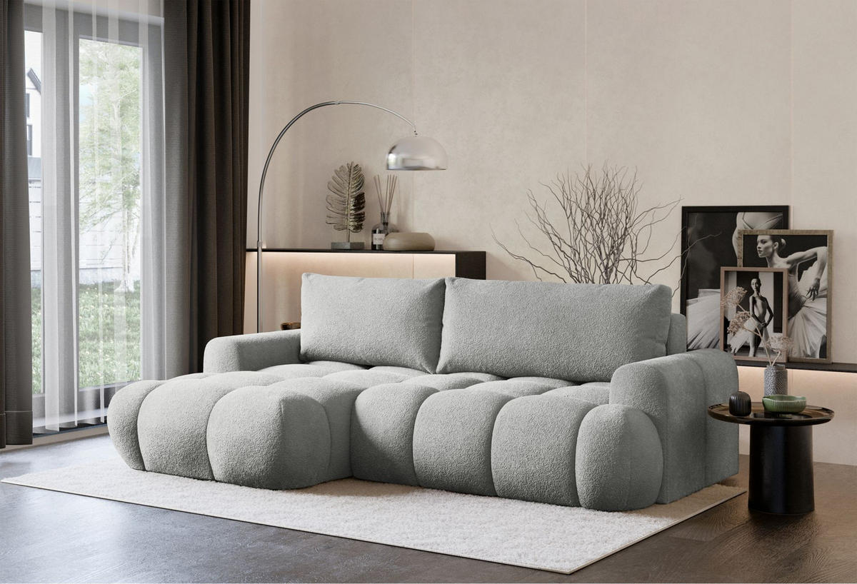 ECKSOFA Ombo Mini, Hellgrau Bouclé, linksseitig - Hellgrau/Schwarz, Kunststoff/Textil (256/155cm) - Selsey