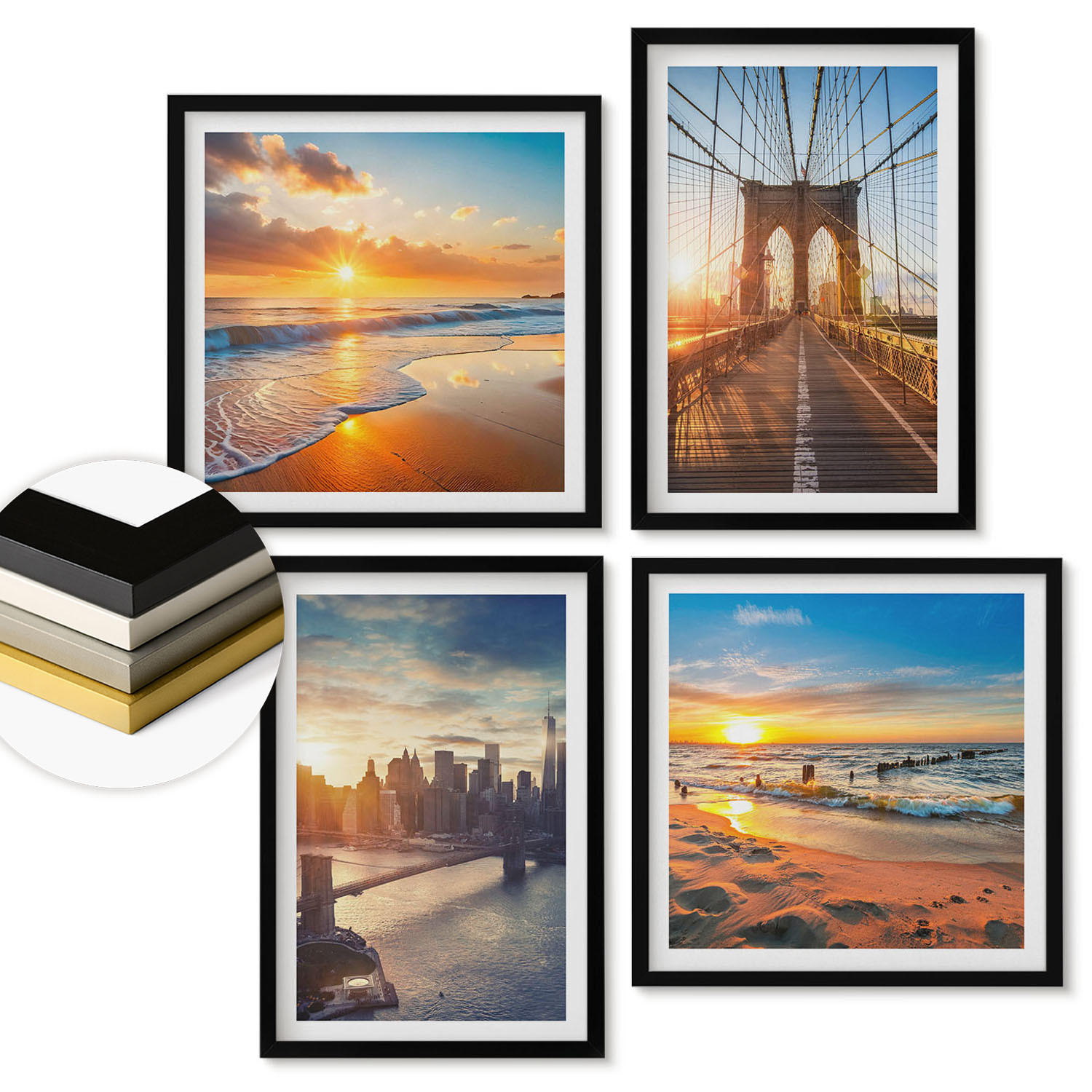 WANDBILDER 4er-Set - 50x50 cm & 40x60 cm Schwarzer Rahmen - Brücken, Sonnenuntergänge, Stadt - Schwarz, Kunststoff (50/50cm) - ArtPrintCave