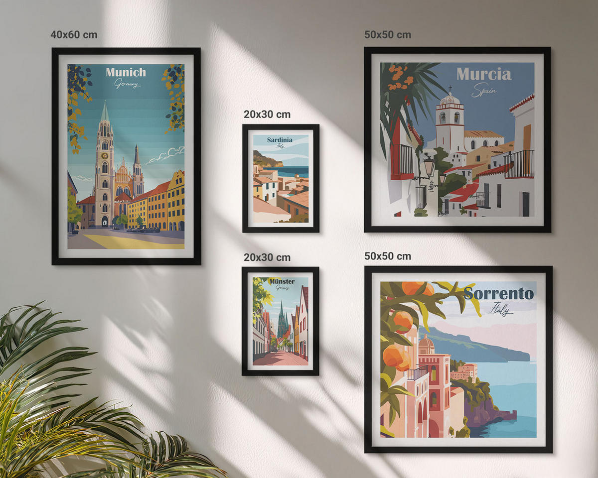 WANDBILDER 5er-Set - 50x50 cm & 20x30 cm & 40x60 cm Schwarzer Rahmen - Retro-Stadtillustrationen - Schwarz, Kunststoff (40/60cm) - ArtPrintCave