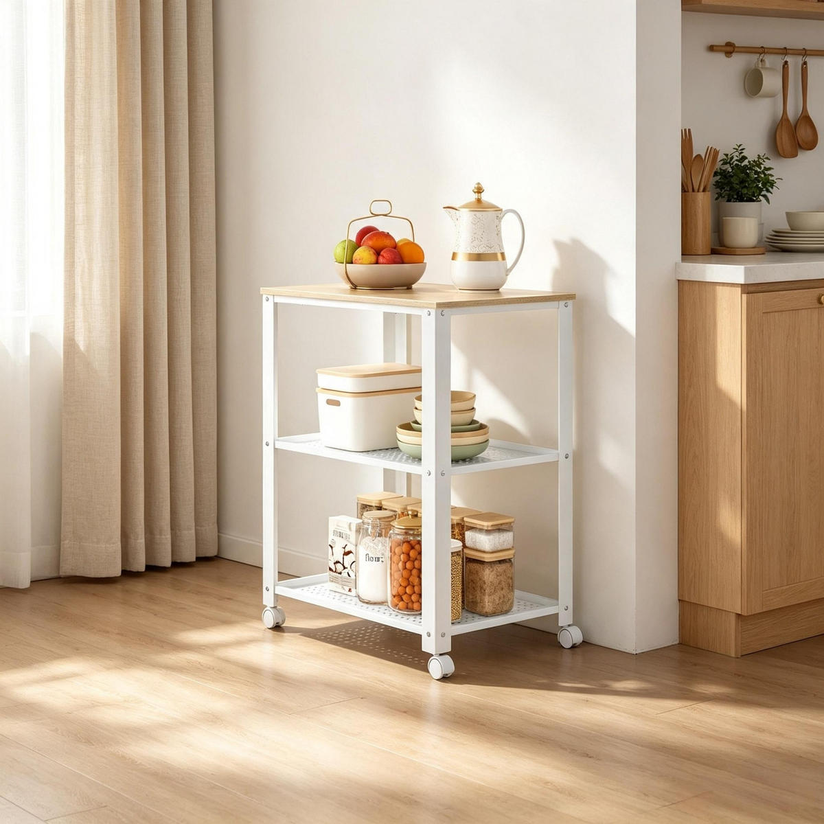 KÜCHENWAGEN 3 ETAGEN, Metall Und Holz, Weiß-Helle Eiche, Kompakter Küchenhelfer - Weiß, Holzwerkstoff (40/76/60cm) - Rolipo