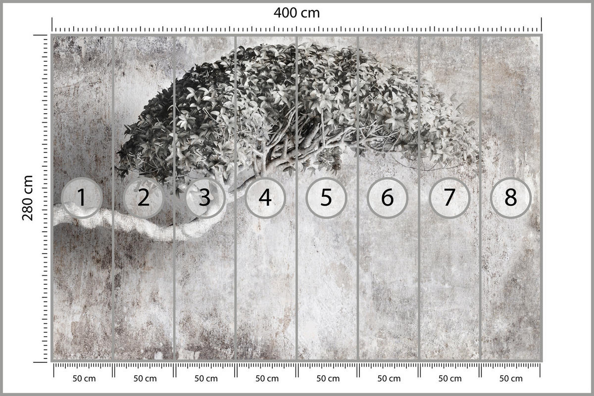 FOTOTAPETE Abstrakter Baum Beton Vintage Grau Blätter Natur 400x280 - Schwarz/Grau, Papier (400/280cm) - Muralo