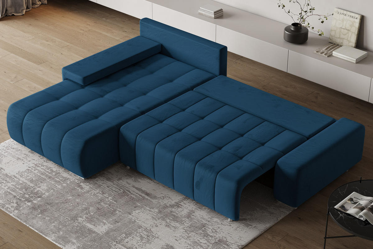 ECKSOFA ALESE L-S Blau Velours-Stoff mit Schlaffunktion - Blau, Holz (265/185cm) - MASSENO