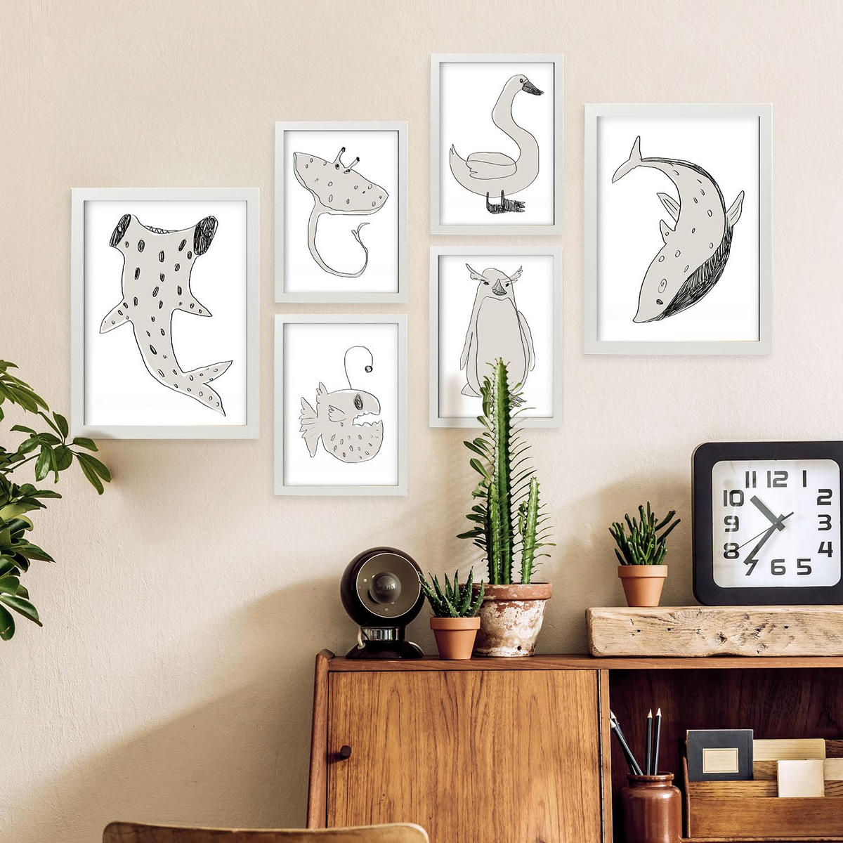 POSTER Set Mit 6 Sea Varmint In Tiere Abstracts Ästhetische Dekorative Gemälde Für Ihr Wohnzimmer, Schlafzimmer, Zuhause A3 & A4 Weißer Rahmen - Weiß, Papier (29/3cm) - Nacnic