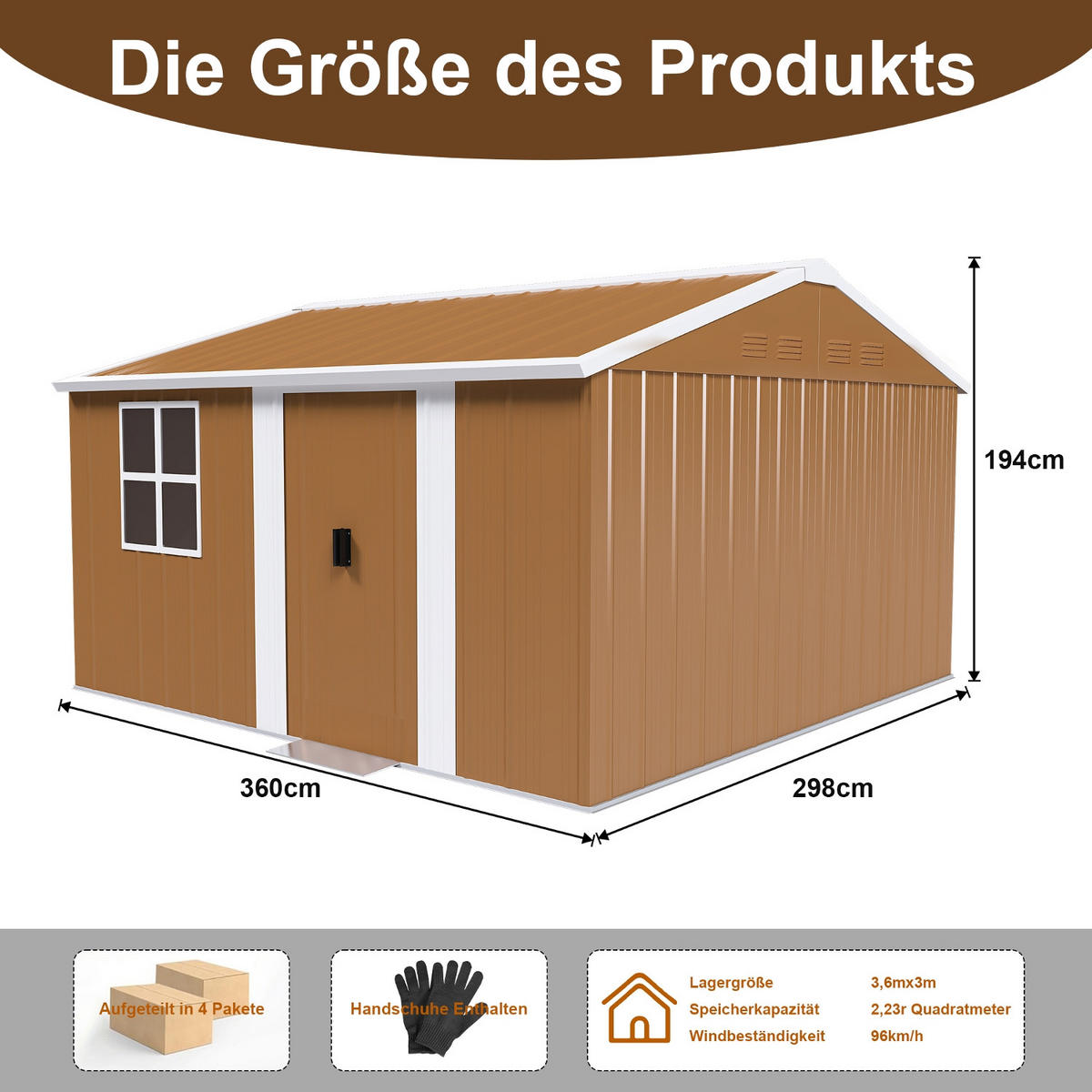 GERÄTEHAUS 360/298/194 cm Braun mit Fenstern, verschließbarer Tür und Belüftung, ohne Boden - Braun, Metall (298/194/360cm) - Oxeza