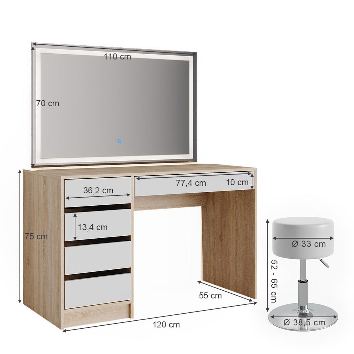 SCHMINKTISCH Sherry Weiß/Sonoma 120 cm mit LED-Spiegel und Hocker - Weiß/Sonoma Eiche, Holzwerkstoff (120/75/55cm) - Vicco