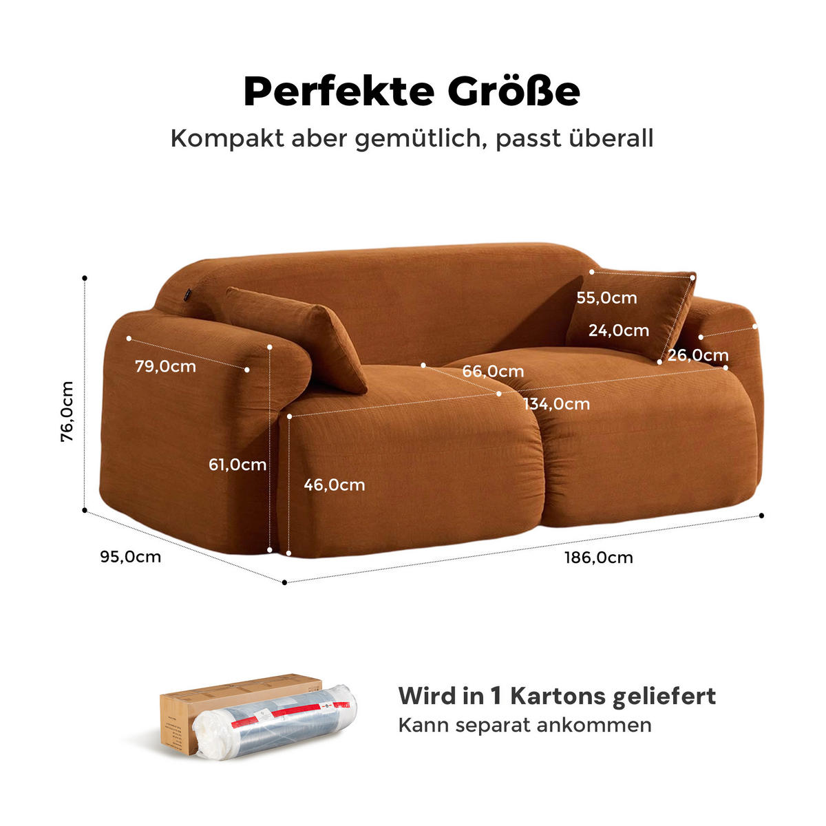 2-SITZER-SOFA Hochsättigung komprimiert, DE-42530, Braun - Braun, Textil (186/76/95cm) - ComfortXL