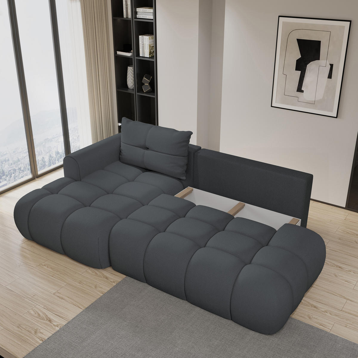 ECKSOFA FLUMA L-S Graphitfarben Geflochtener Stoff mit Schlaffunktion - Graphitfarben, Holz (274/165cm) - MASSENO