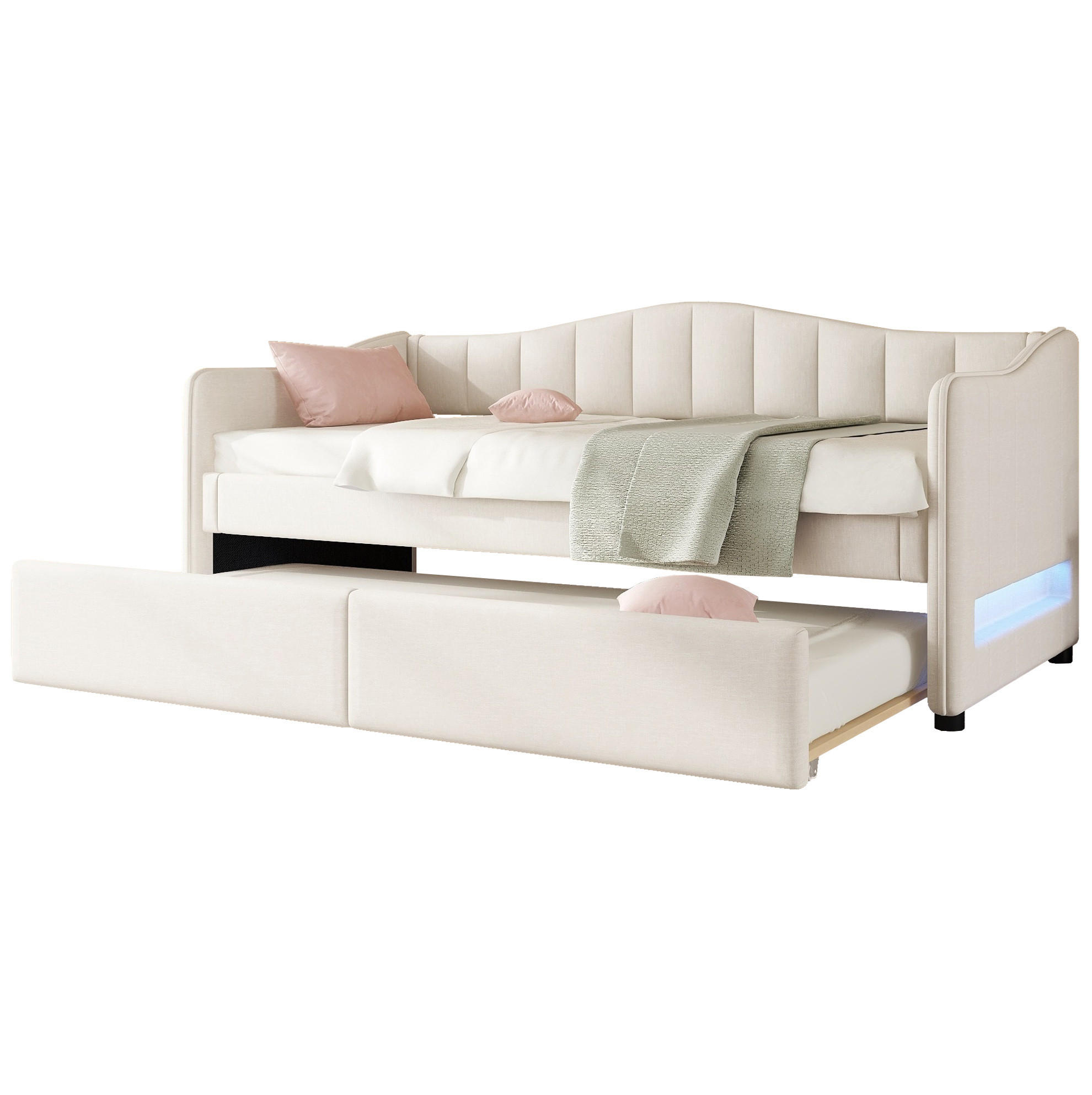 POLSTERBETT 90/200 cm Beige aus Leinen mit ausziehbarem Rollbett - Beige, Textil (90/200cm) - OKMYHOME