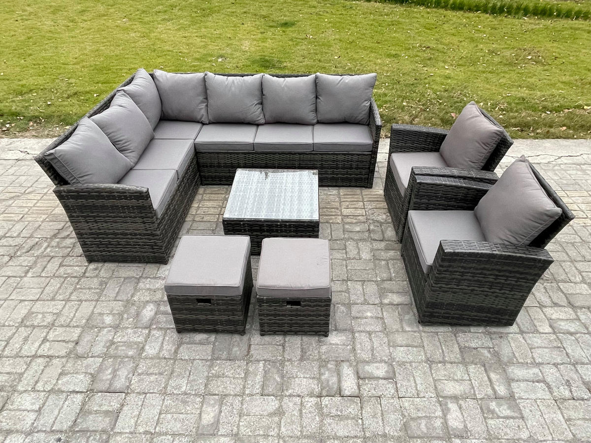 GARTENGARNITUR mit Ecksof,Couchtisch,2 Fußhocker, 2 Stühle Polyrattan Dunkelgrau 10-Sitzer - Dunkelgrau/Grau, Glas/Kunststoff - Fimous