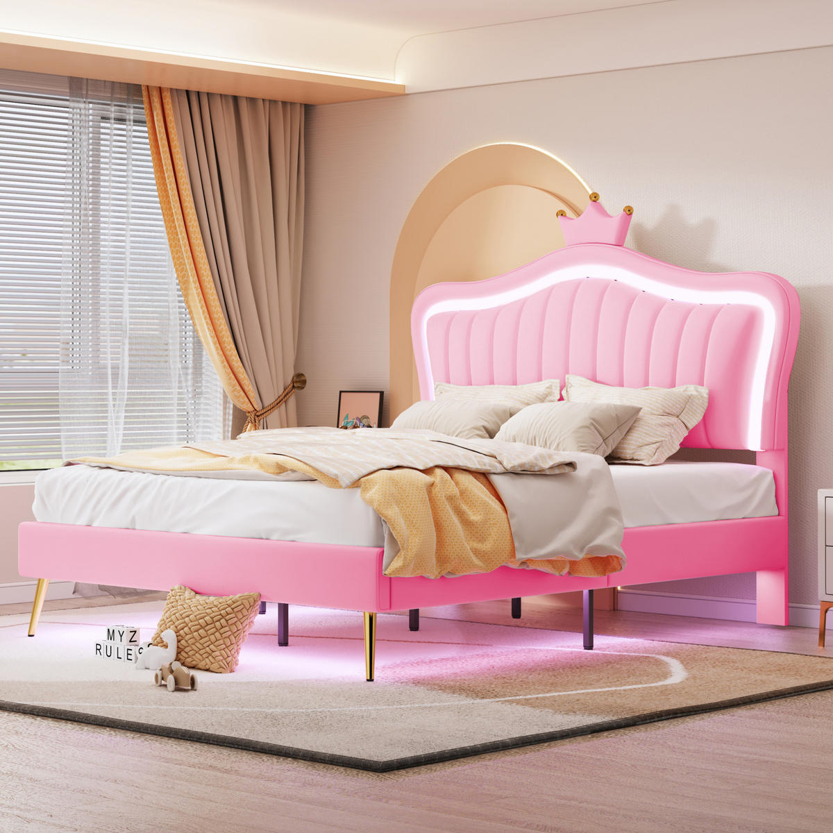 POLSTERBETT 140/200 cm rosa mit LED-Beleuchtung und höhenverstellbarem Kopfteil - Pink, Textil (140/200cm) - OKWISH