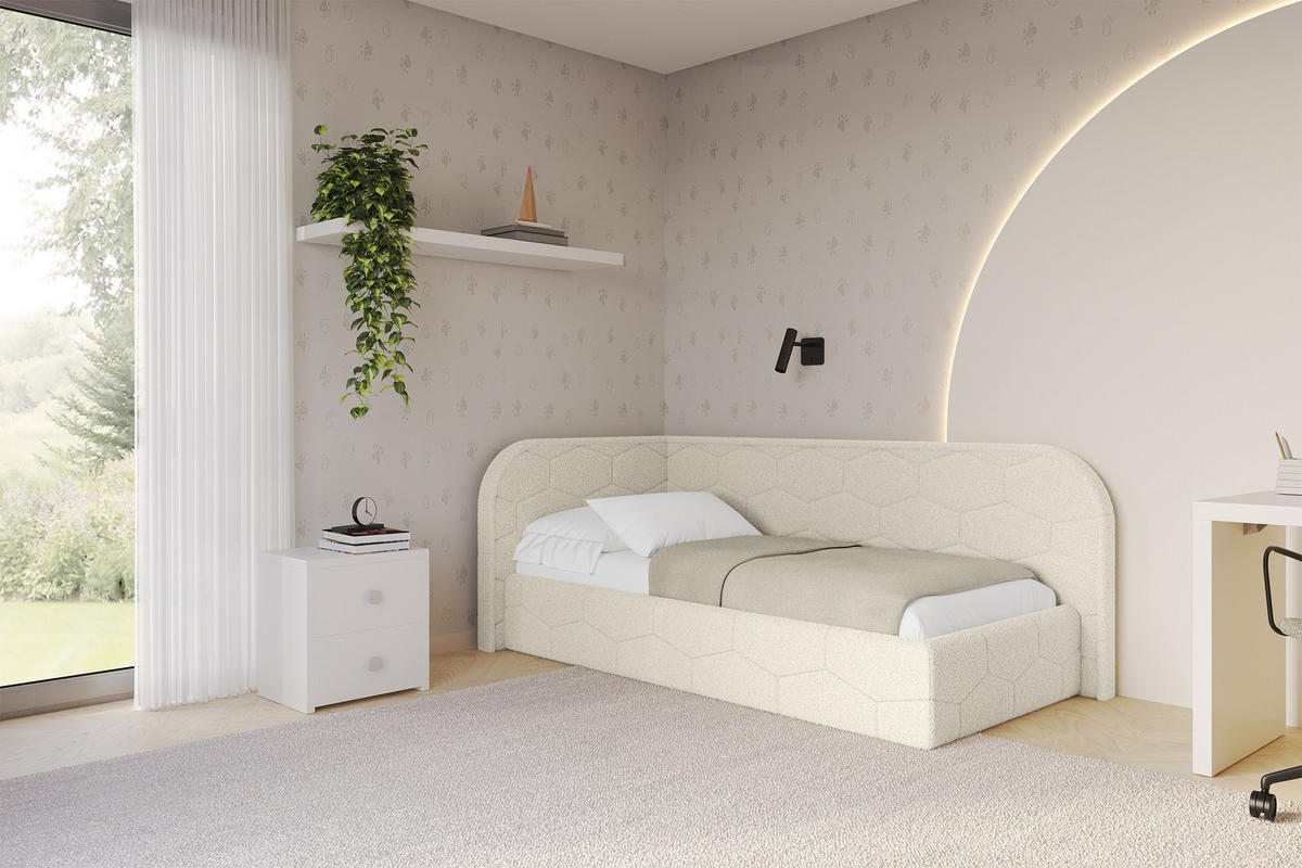 EINZELLBETT Jugendbett mit Bettkasten und Matratze H3/H4, Rechts - JAXY 90x200 Beige - Perlmutt, Holzwerkstoff/Textil (90/200cm) - ALTDECOR