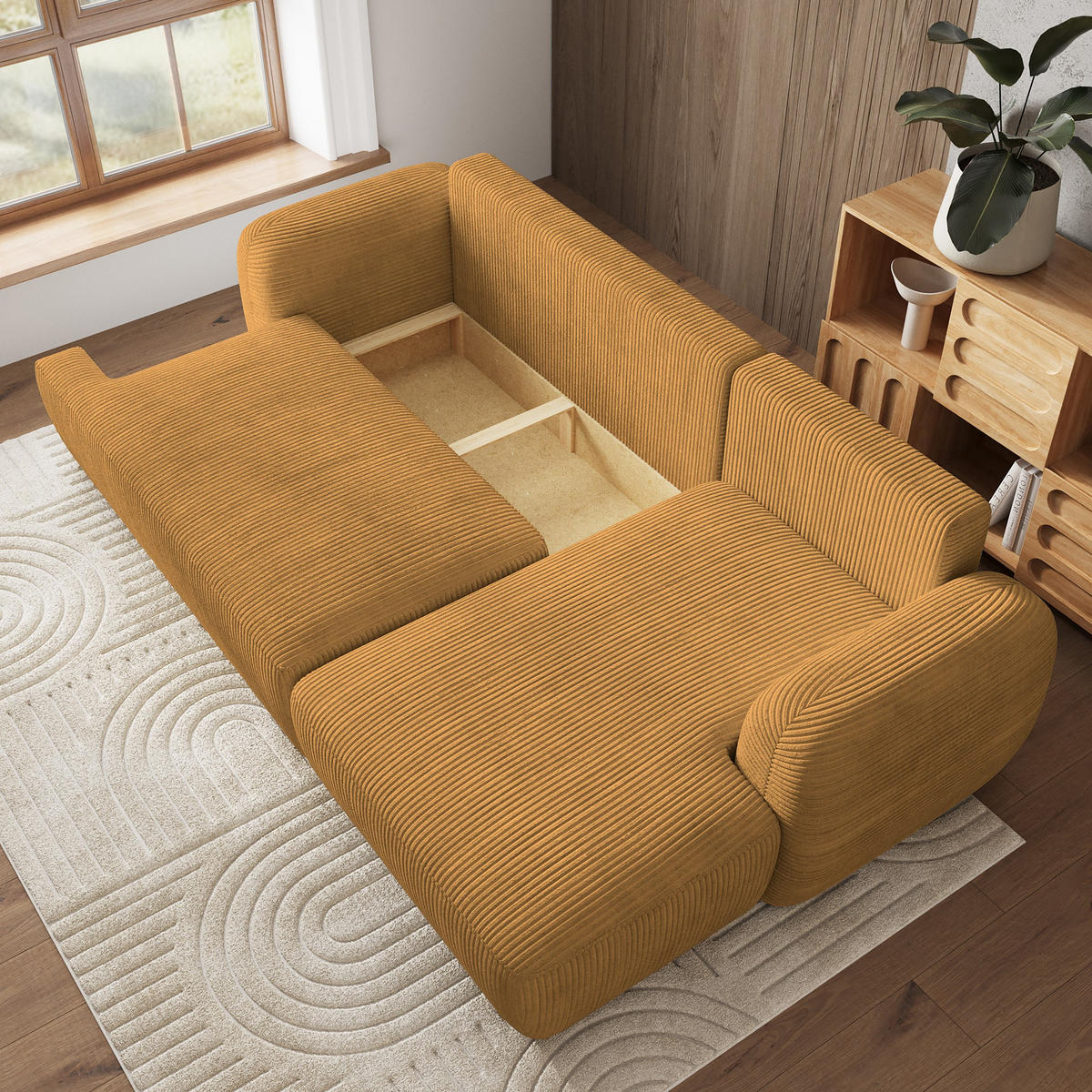 ECKSOFA MODENZA P R-S Gelb Kordstoff mit Schlaffunktion - Gelb, Holz (266/148cm) - MASSENO