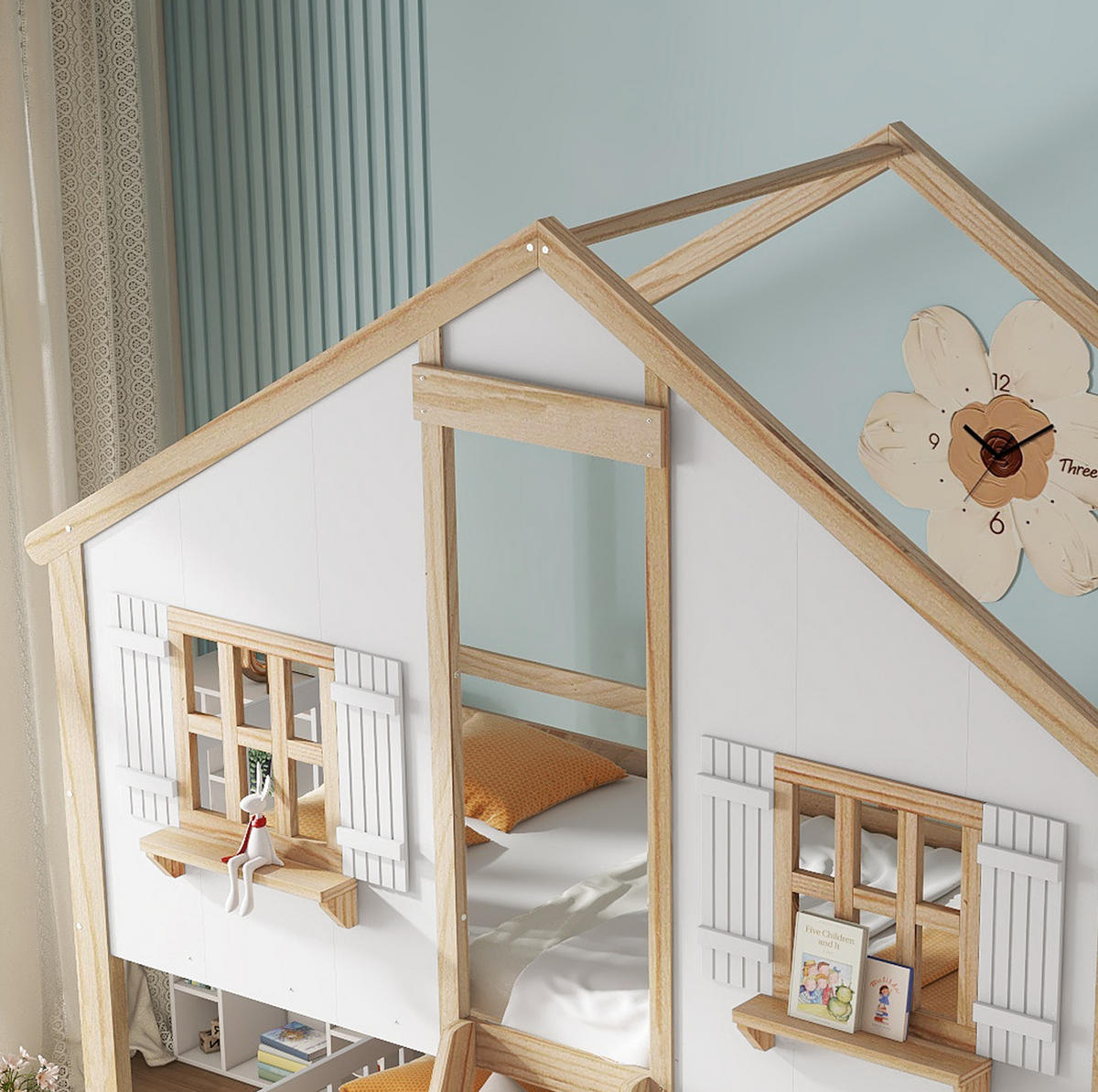 POSCHODOVÁ posteľ 90/200 cm biela/prírodná s oknami a strechou z masívneho dreva a MDF - biela, kompozitné drevo (90/200cm) - OKWISH