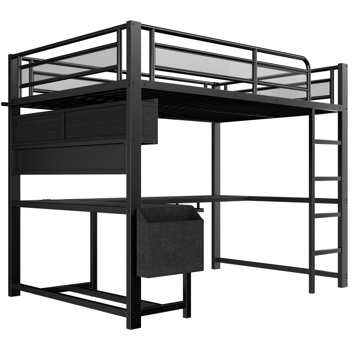HOCHBETT 140/200 cm Schwarz mit Schreibtisch und LED - Schwarz, Metall (140/200cm) - MIVRAY