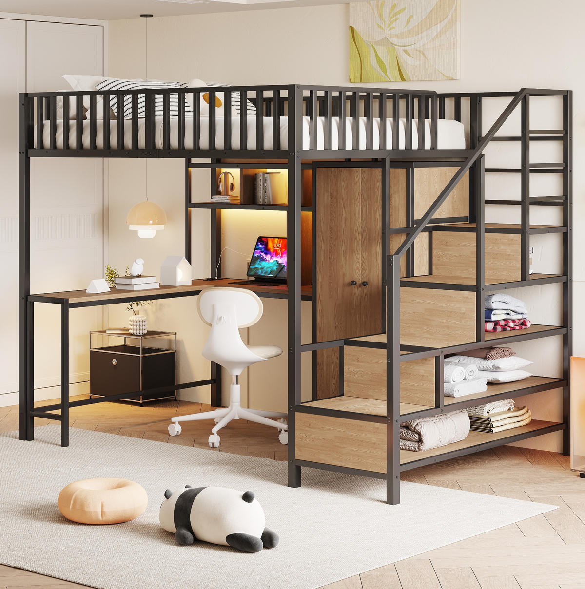 HOCHBETT 140/200 cm in Schwarz mit Schreibtisch, Kleiderschrank und LED-Beleuchtung - Schwarz, Metall (140/200cm) - Flora Grace