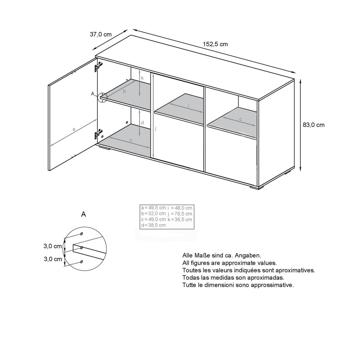 SIDEBOARD Elena, Kommode mit Push-to-Open, Made in Germany, Moderner Schrank, Weiß matt (152,5 x 83 x 37 cm) - Weiß, Holzwerkstoff (152.5/83/37cm) - InnoFurn
