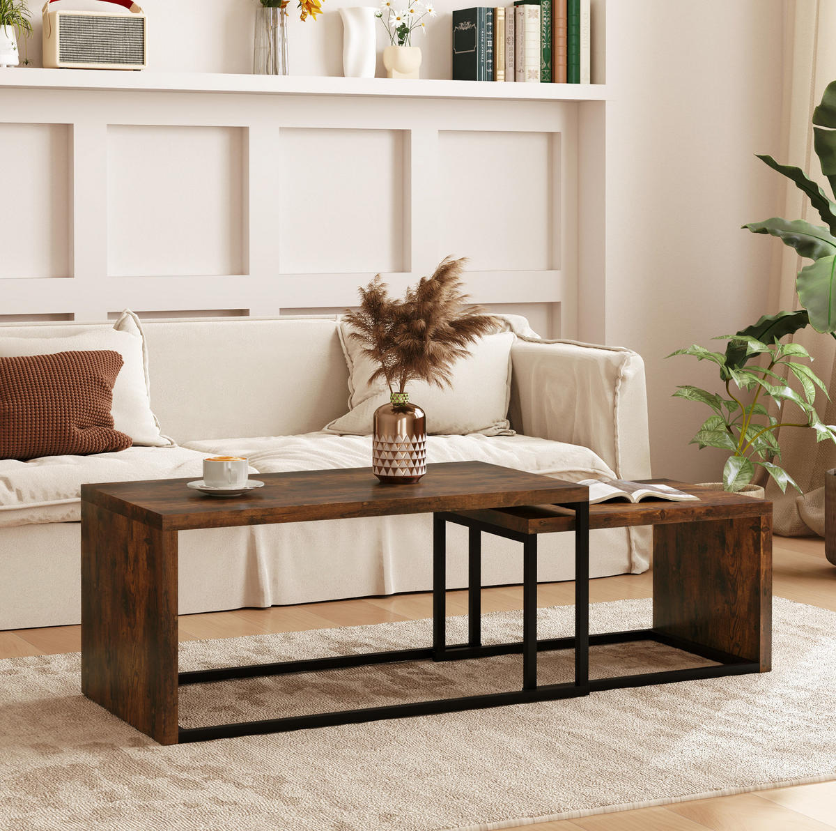 COUCHTISCH aus Holz 90x48x42/59x42x36 cm in Rustikalbraun mit 2 Tischen - Braun, Holzwerkstoff (90/48/42cm) - Modfu