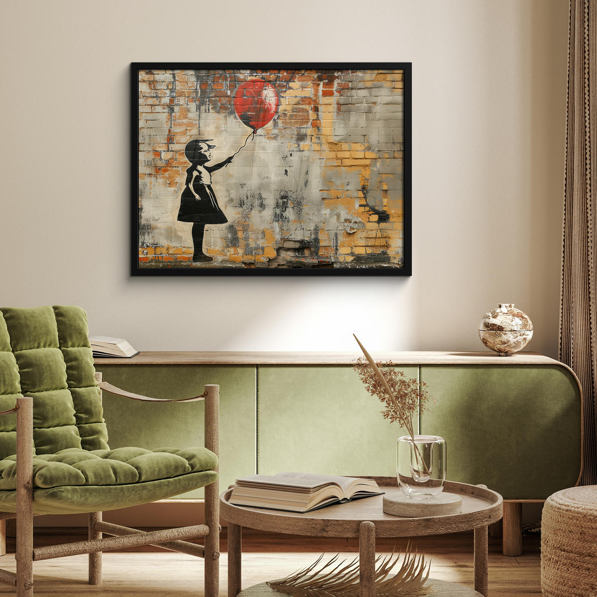 ZARÁMOVANÝ PLAGÁT Graffiti - Banksy - Dievča - Street art 80x60 cm - piesková, papier (80/60cm) - MuchoWow