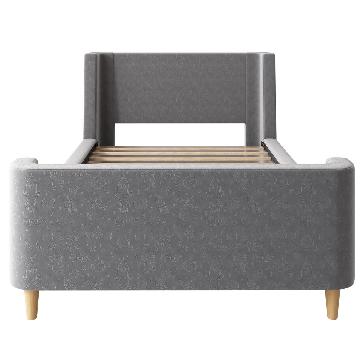 KINDERBETT 90/200 cm in Grau mit Samtbezug und Weltraummuster - Grau, Textil (90/200cm) - BEAOK
