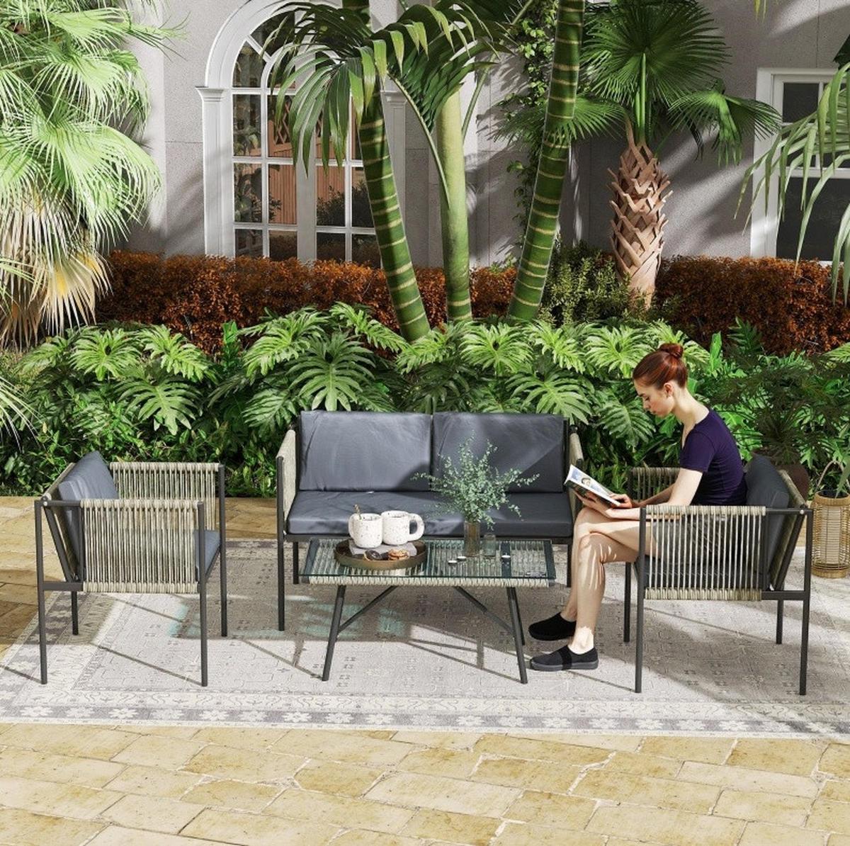 GARTENSET aus Rattan 116x65x68 cm Grau mit 2 Sesseln, 2-Sitzer-Sofa und Tisch mit Glasplatte - Grau, Naturmaterialien - Modfu