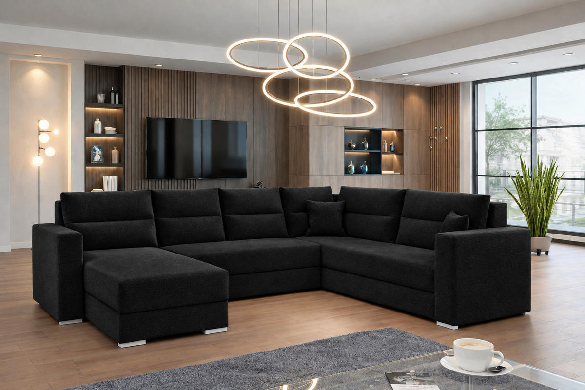 WOHNLANDSCHAFT CAPTAIN U-Form 314 cm mit hochwertigem Federkern, Schlaffunktion, Bettkasten und Ottomane links/rechts - Schwarz, Kunststoff (314/90/217cm) - Wohnideebilder