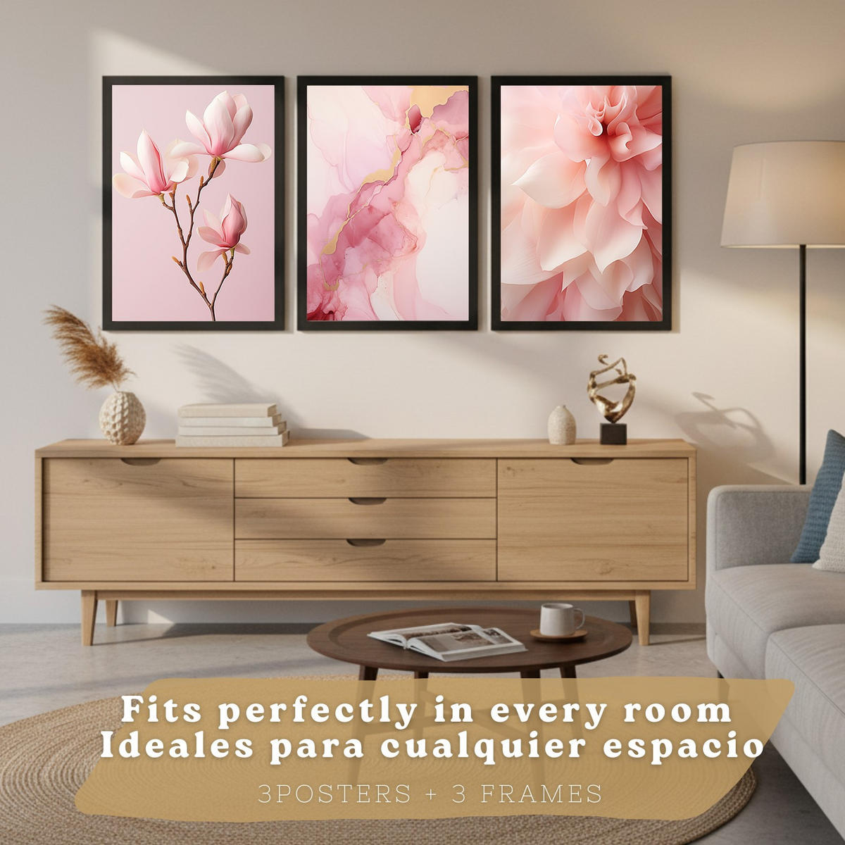 PLAKAT Sada 3 Fuchsia Pink A4 Černý rám - černá, papír (29.7/1/21cm) - Nacnic