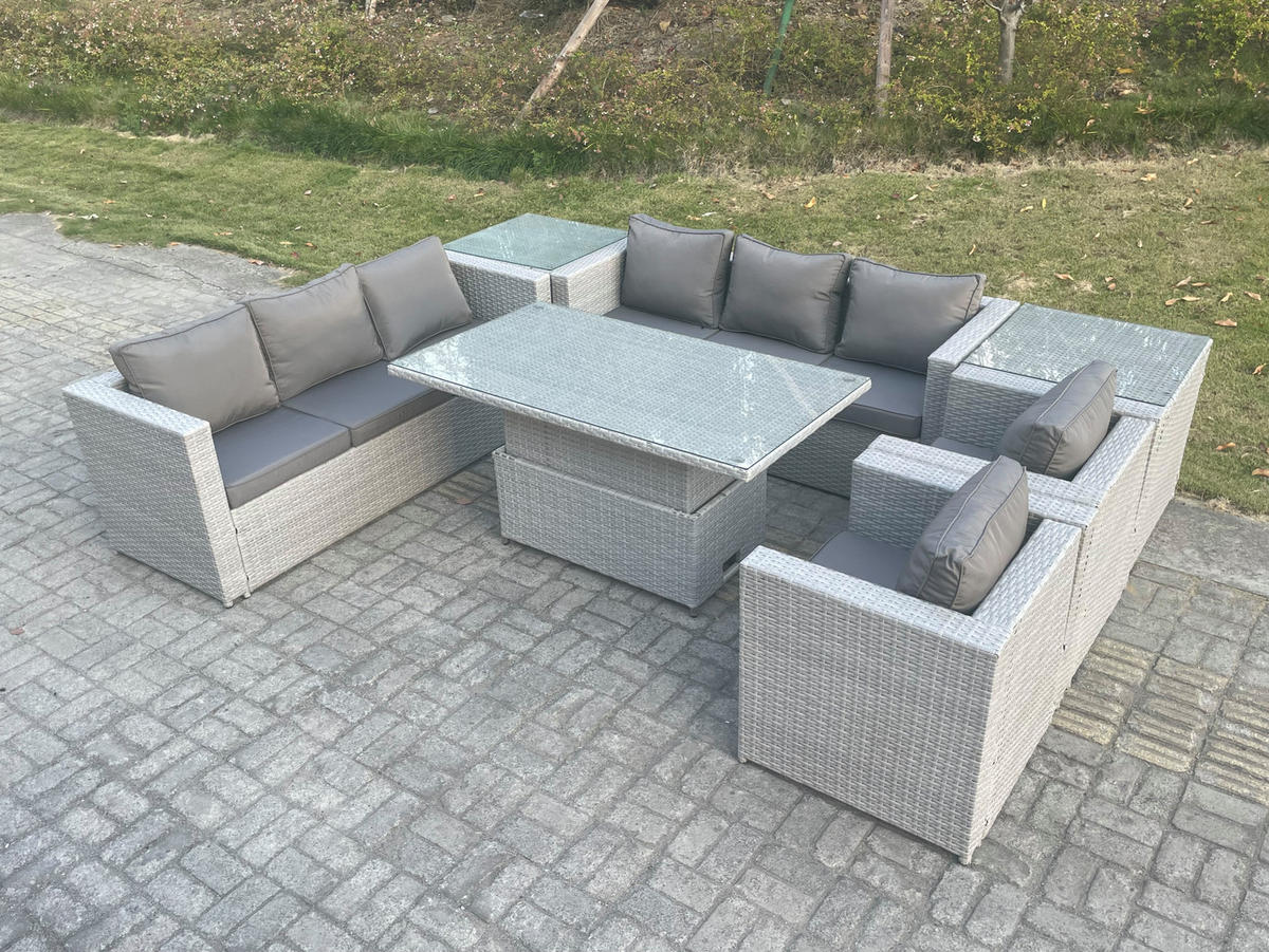GARTENSOFA SET mit höhenverstellbarer Tisch Polyrattan Helles Grau 8-Sitzer - Hellgrau, Metall - Fimous