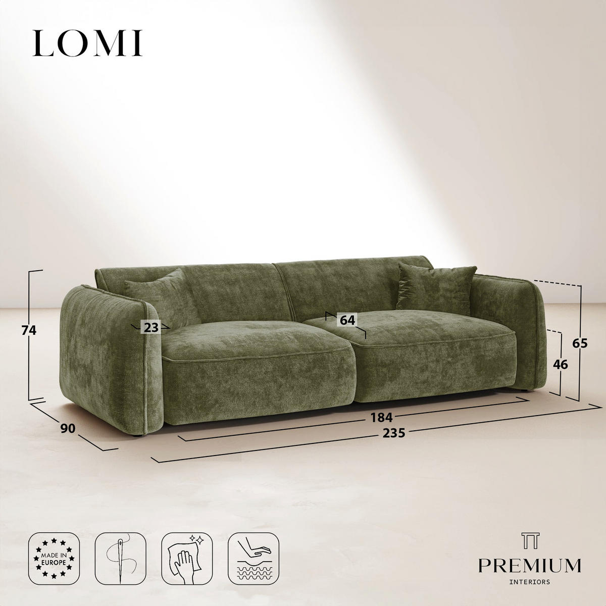 SOFA LOMI Geprägter Samt Karamell 235cm - Braun, Textil (235/74/90cm) - Premium Interiors
