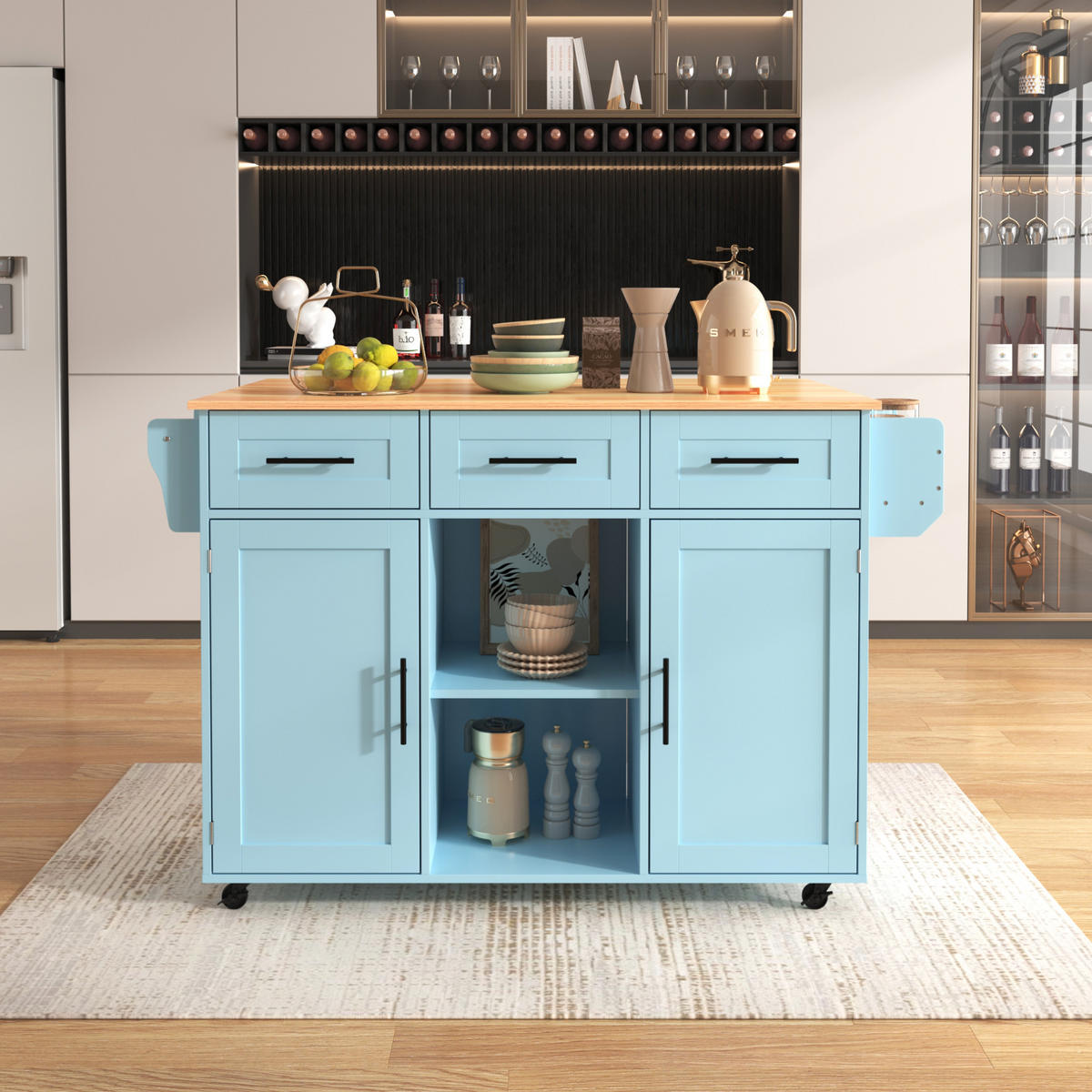 KÜCHENWAGEN 139/46(71)/91,5 cm in Blau mit klappbarer Platte und Rollen - Blau, Holzwerkstoff (139/91.5/46cm) - Flora Grace