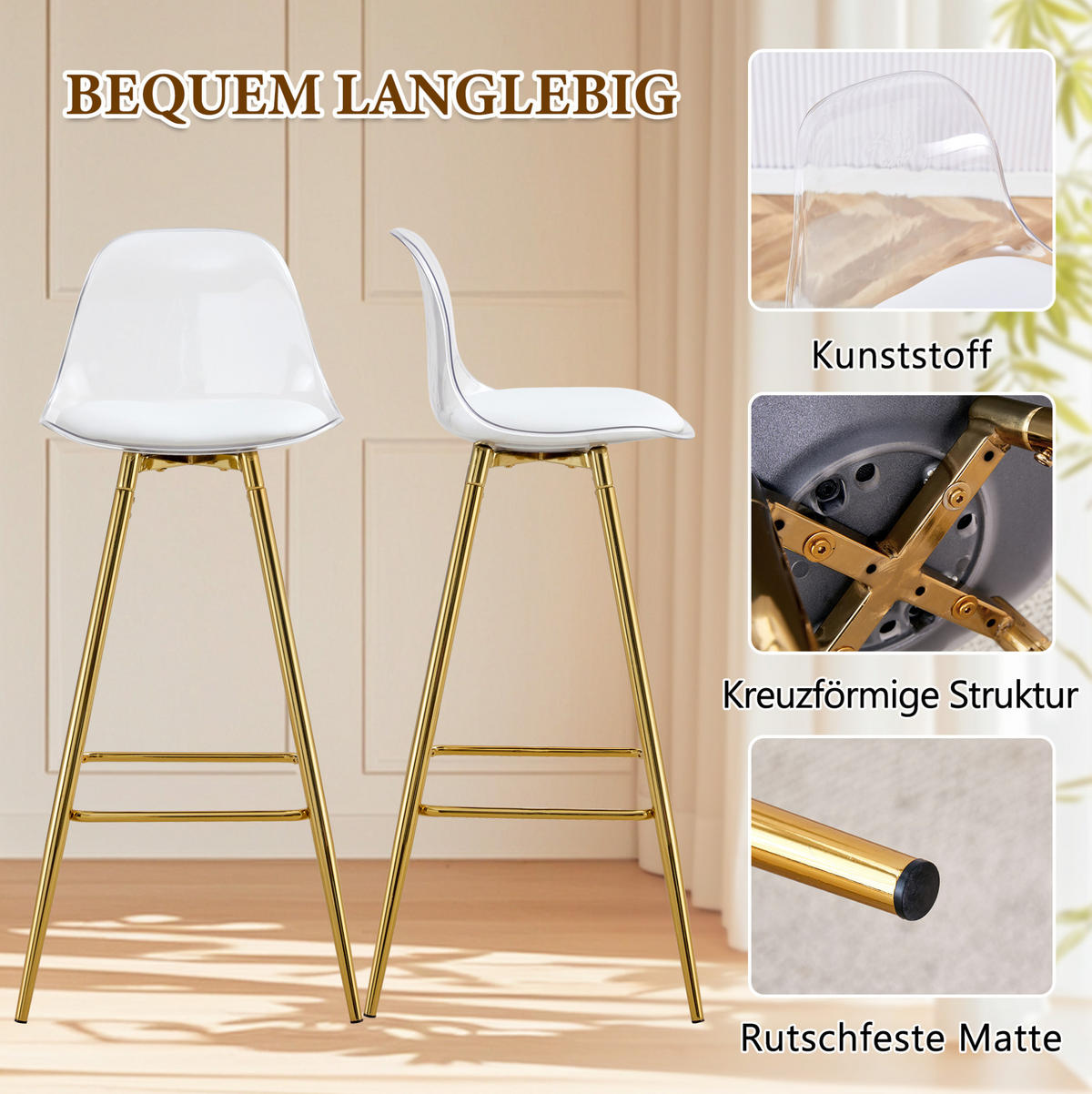 BARHOCKER 2er-Set Goldfarben Transparent mit Fußstütze - Goldfarben, Metall (33/96.5/38cm) - MIVRAY