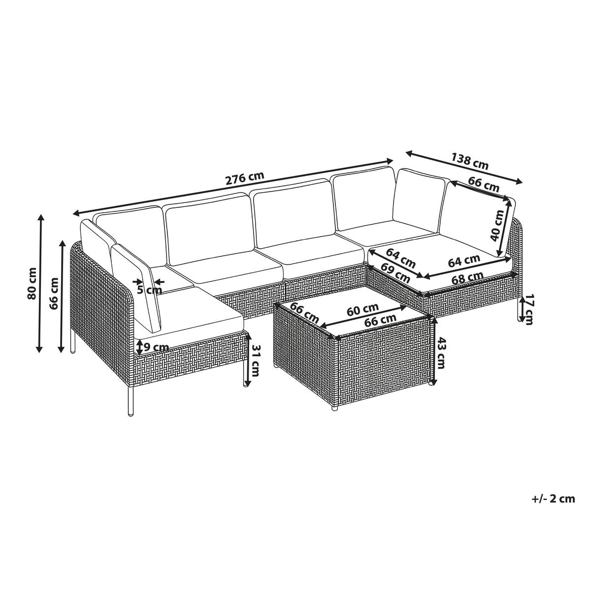 ZAHRADNÍ POHOVKA v Tvar U 6-místná modulární Polyratan Světle béžová Omegana - černá/béžová, plast (276/80/138cm) - Beliani