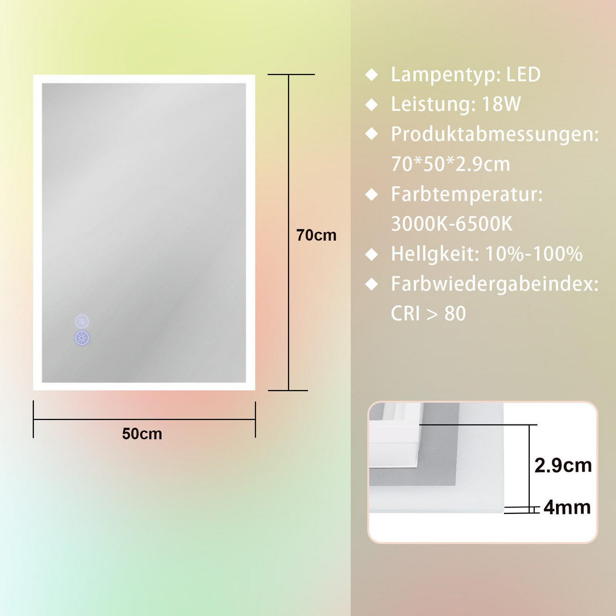 BADEZIMMERSPIEGEL Reddy mit LED-Leuchte 70/50 cm - Weiß, Glas (70/2.9/50cm) - Nettlife