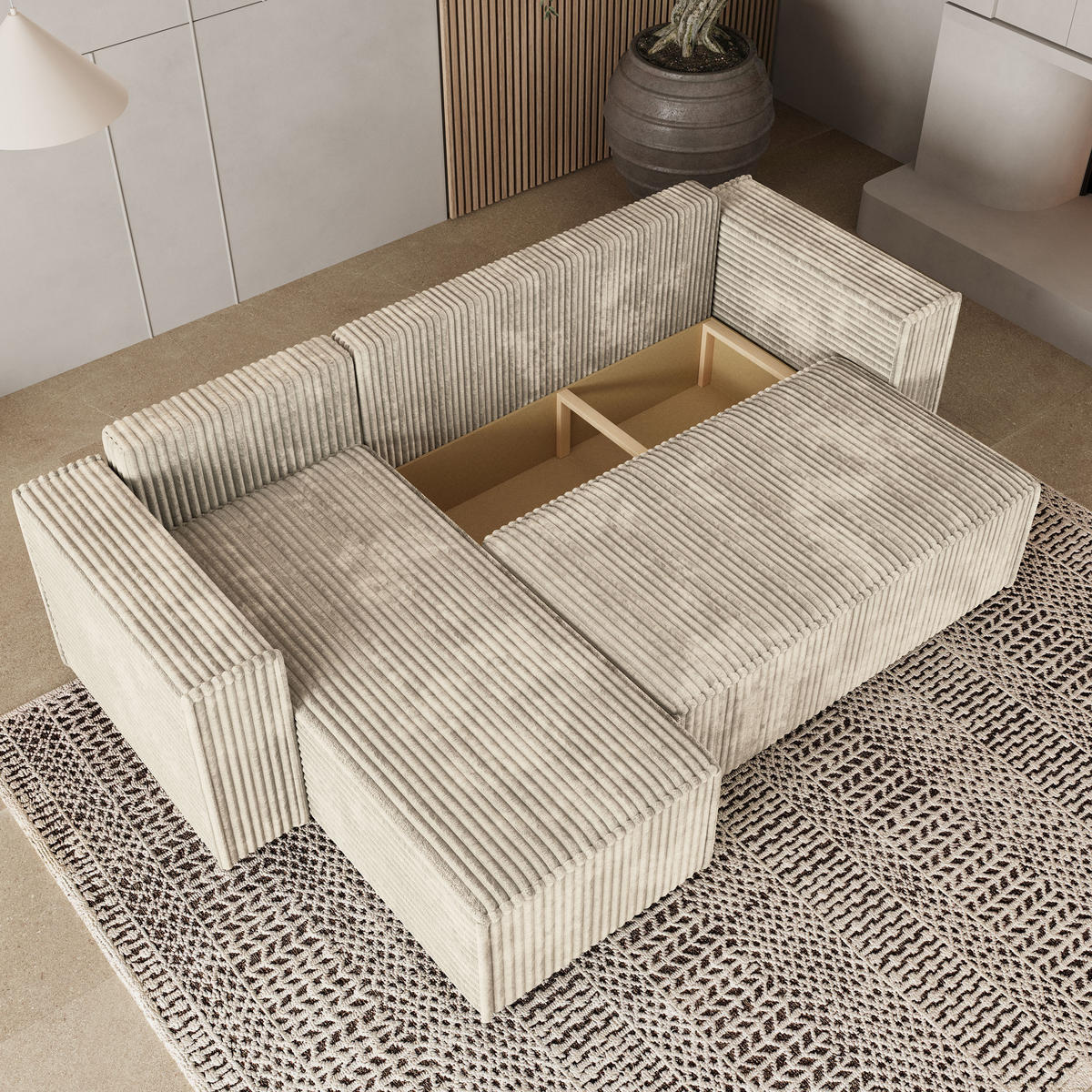 ECKSOFA RAVELO T Creme Kordstoff mit Schlaffunktion - Creme, Holz (240/140cm) - MASSENO