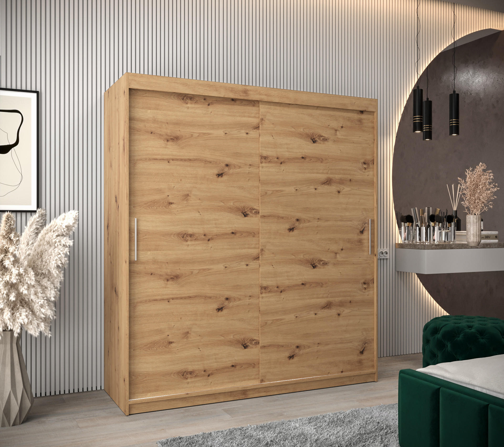 SCHWEBETÜRENSCHRANK 200/180/62 2-türig - Silberfarben/Eiche Artisan, Holz/Kunststoff (180/200/62cm) - MÖBEL KRYSPOL