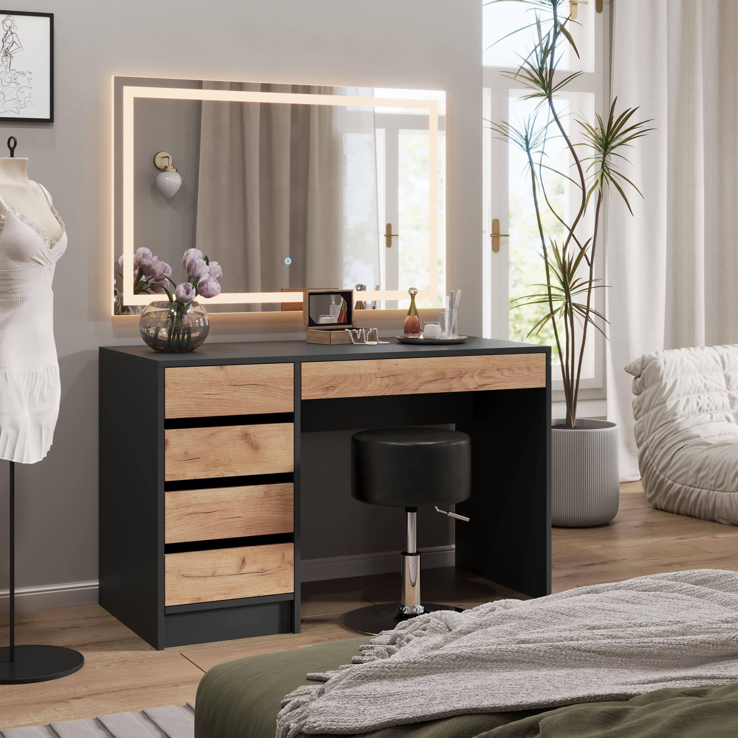 SCHMINKTISCH Sherry Anthrazit/Goldkraft Eiche 120 x 75 cm mit LED-Spiegel und Hocker - Honigeiche/Anthrazit, Holzwerkstoff (120/75/55cm) - Vicco