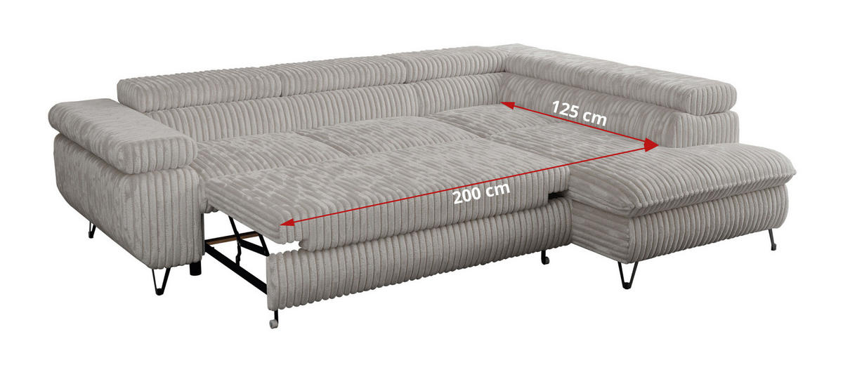 ECKSOFA PETER L Hellgrau Cord - Rechts Seite - Hellgrau/Schwarz, Textil/Metall (273/208cm) - MKS