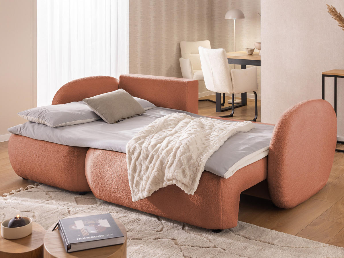 ECKSOFA Candy mit Schlaffunktion Terrakotta Bouclé-Stoff - Ottomane links - Terra cotta/Schwarz, Holz/Kunststoff (230/146cm) - S-Style Möbel